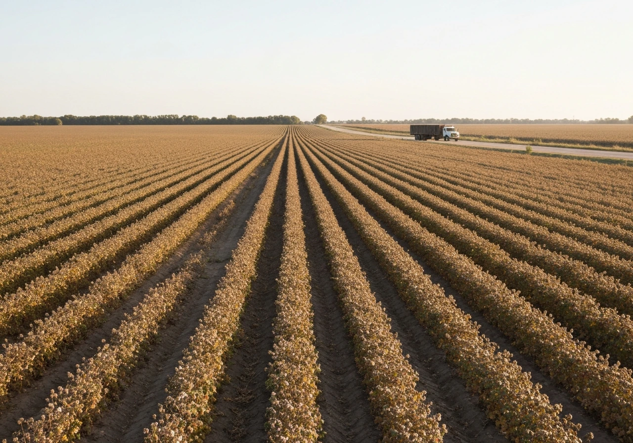 Expansive harvest-ready row-crop field stretching to the horizon, hinting at large-scale commercial agriculture.