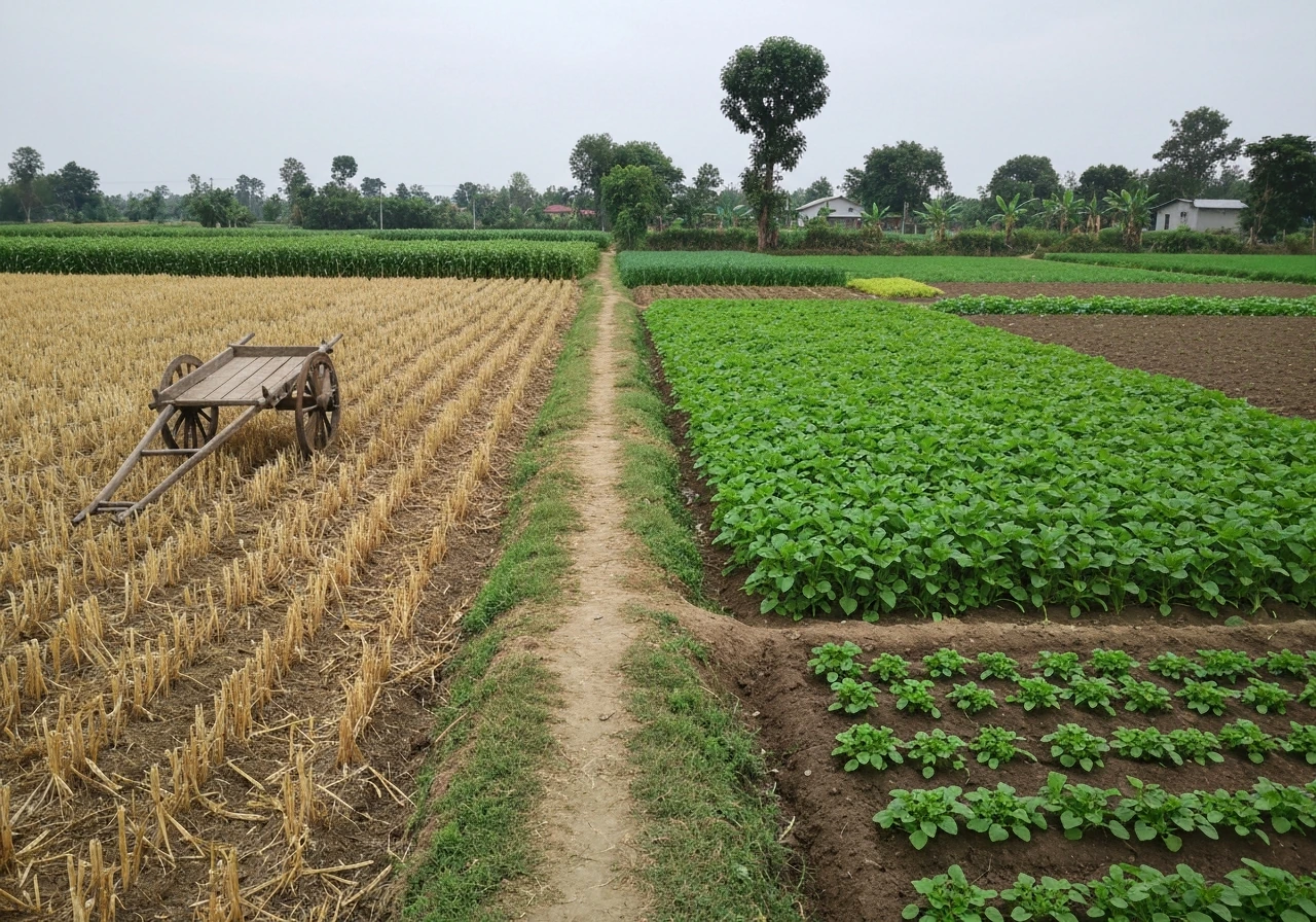 A farm field showing a harvested commercial crop beside green subsistence plots for home food.
