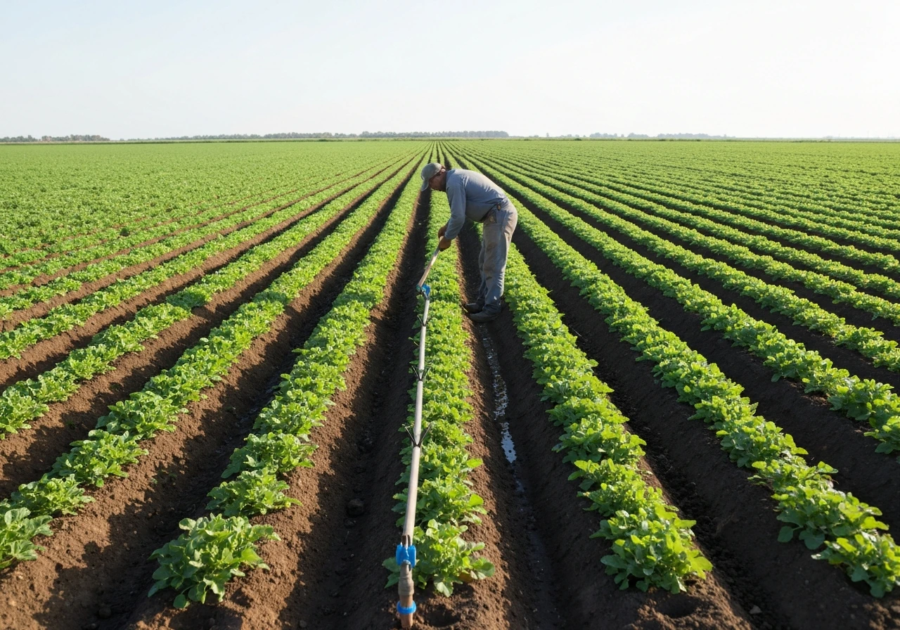 An orderly field with uniform rows, irrigation pipes running and a farm worker tending the crop.