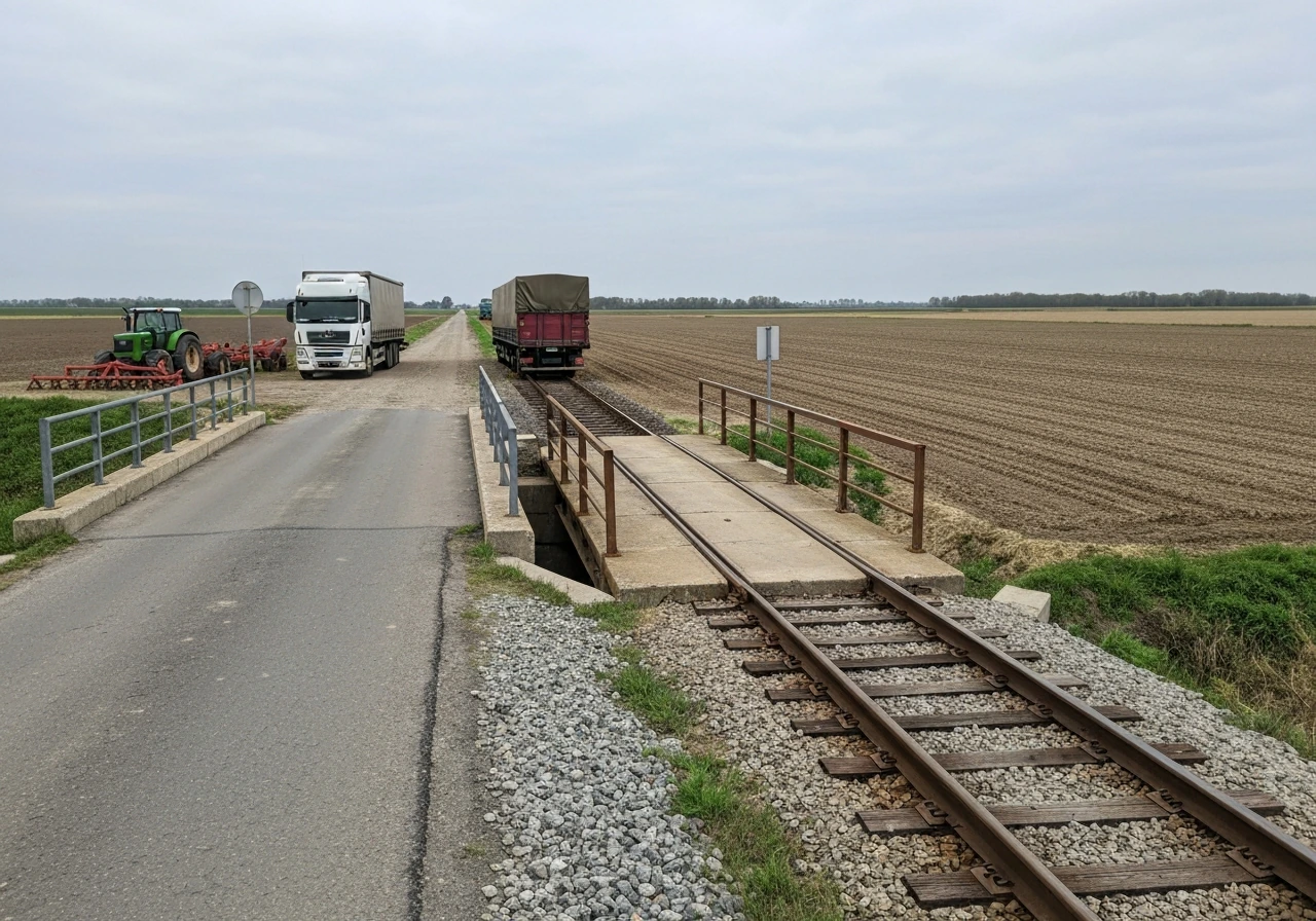 Rural bridge and loading area near farmland with a truck and tractor-ready farm vehicles