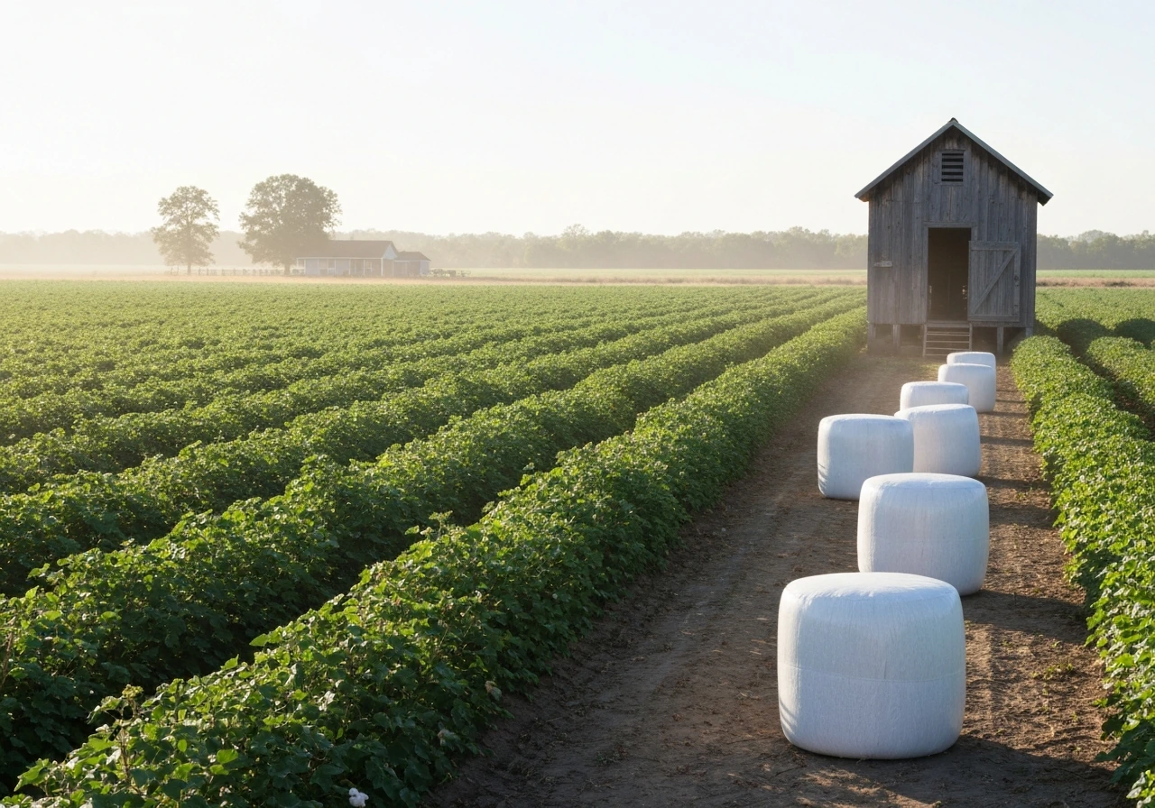 Cotton field in the American South with white cotton bales beside a small wooden gin shed.