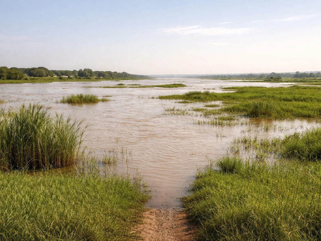 Muddy Nile overflowing into a green floodplain, showing the inundation during Akhet.