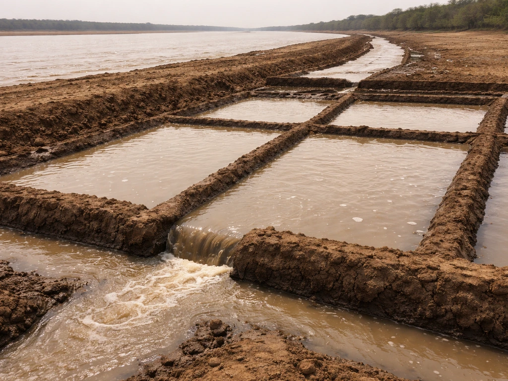 Ancient Egyptian-style basin irrigation plot with floodwater channels and low earthen bunds controlling water