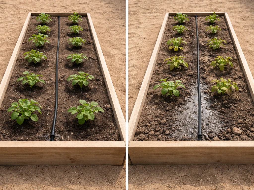 Two small crop beds showing timed irrigation at growth stages and different soil drainage affecting growth