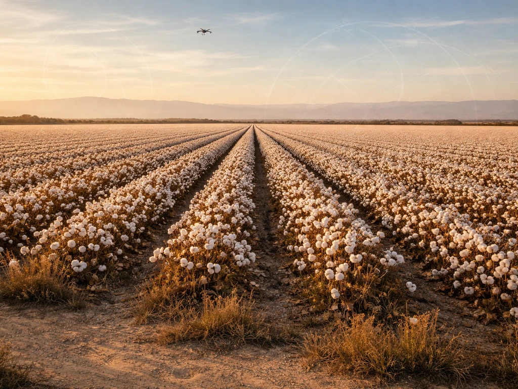 Wide view of a San Joaquin cotton field with a distant drone and subtle satellite-style overlays.
