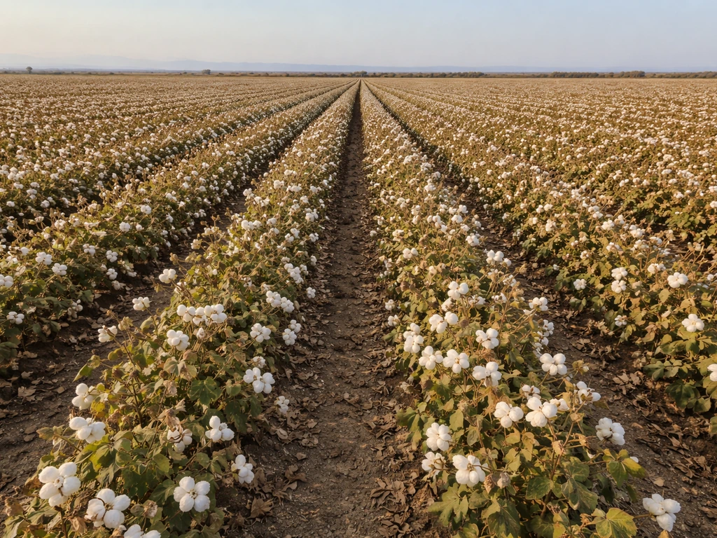 Late-season cotton field in California’s San Joaquin Valley with visible rows and harvest-ready growth.