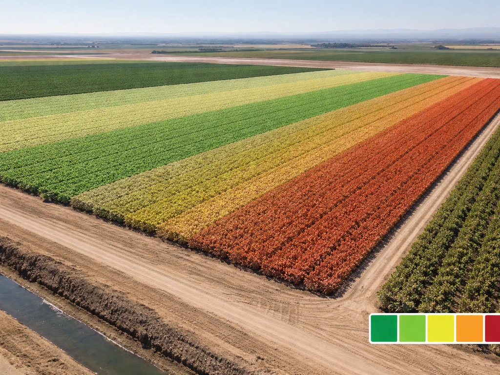 Drone-like view of a cotton field with transparent NDVI vigor zones and color swatches showing different treatments