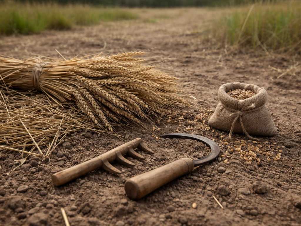 Neolithic-style earthen field with harvested wheat/barley, simple tools, and a small seed bundle