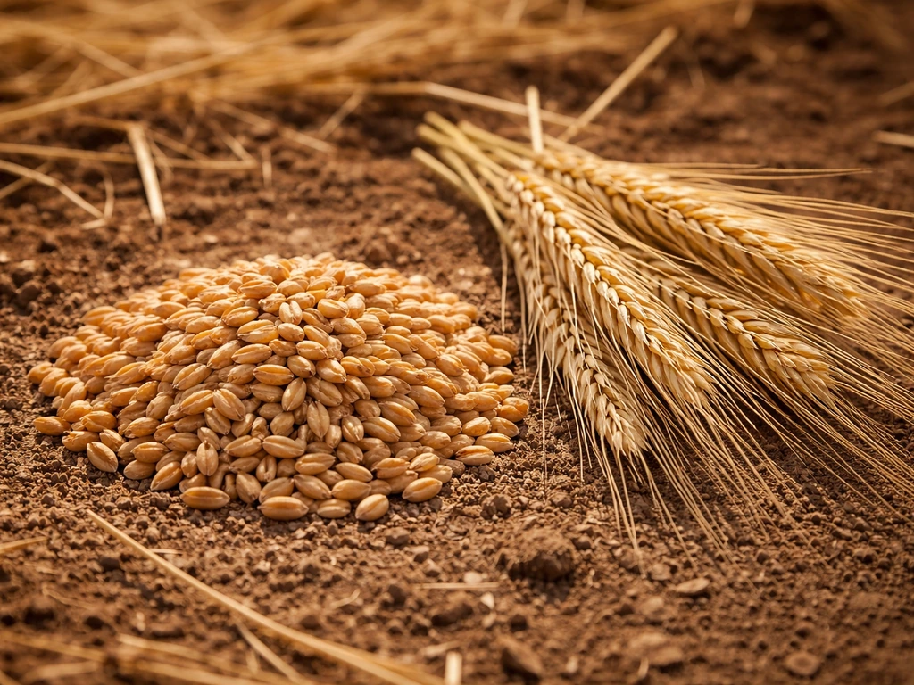 Close-up of wheat grains and barley spikelets laid out on natural soil, showing Neolithic staple cereals.