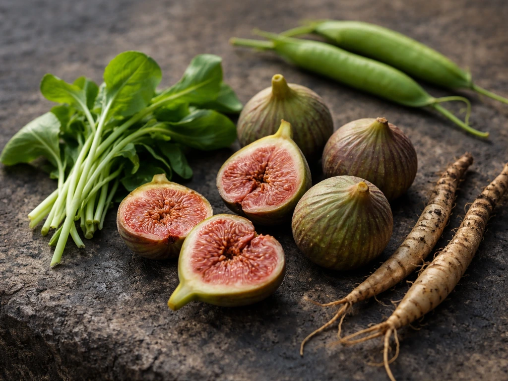 Close-up of Neolithic fig fruits and small garden vegetables on dark stone, natural light