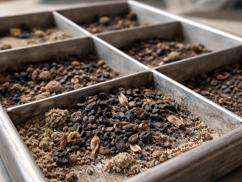Close-up of charred seeds and grain chaff in an archaeobotanical tray on a lab table.