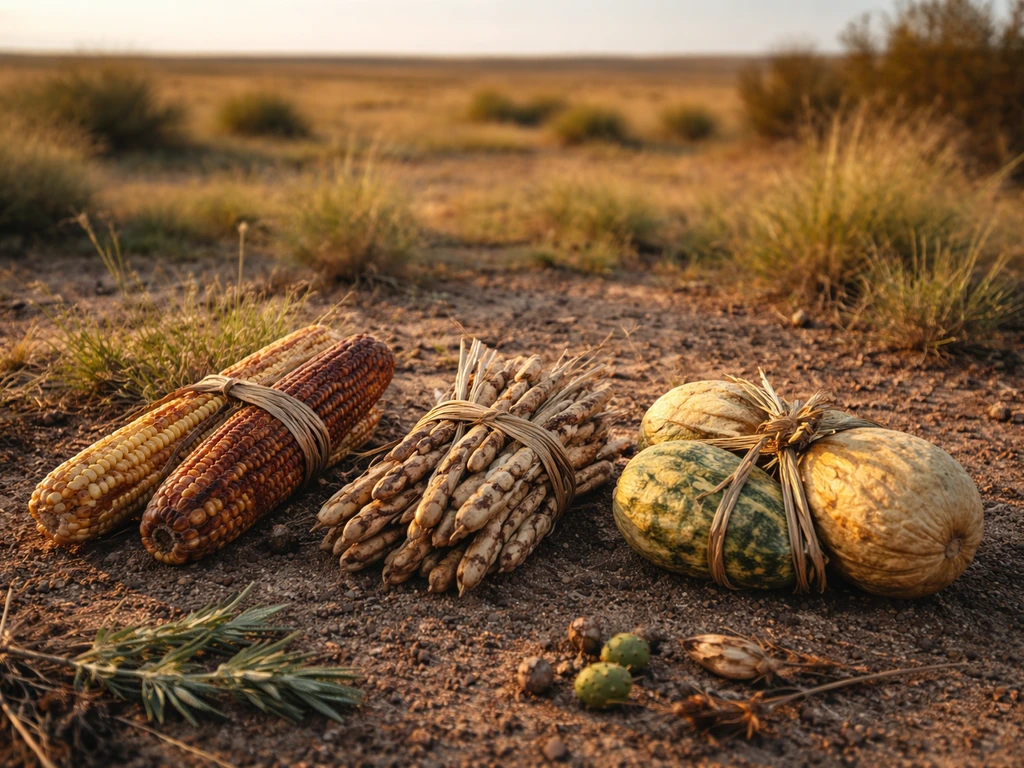 Bundles of dried maize, beans, and squash on a Southern Plains setting with a few wild plants nearby.