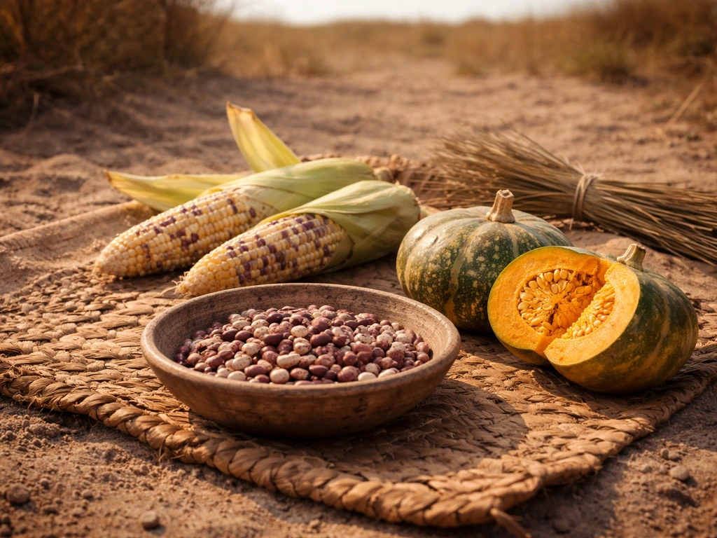 Minimal Plains still-life of maize cobs, dried beans, and squash on sandy ground.