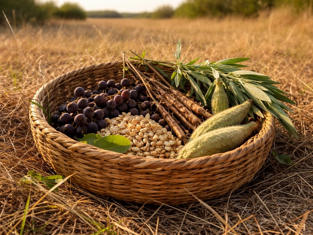Wild foraged fruits, seeds, and roots laid out in a simple basket on dry grass outdoors.