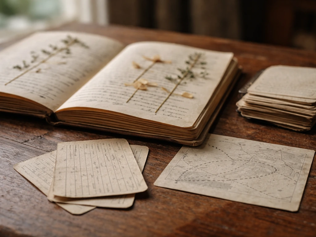 Close-up of an open ethnobotany field notebook with old cards and map-like penciled lines.