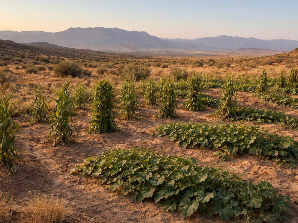 Dryland corn, beans, and squash growing in arid high-desert fields with mountains in the background.