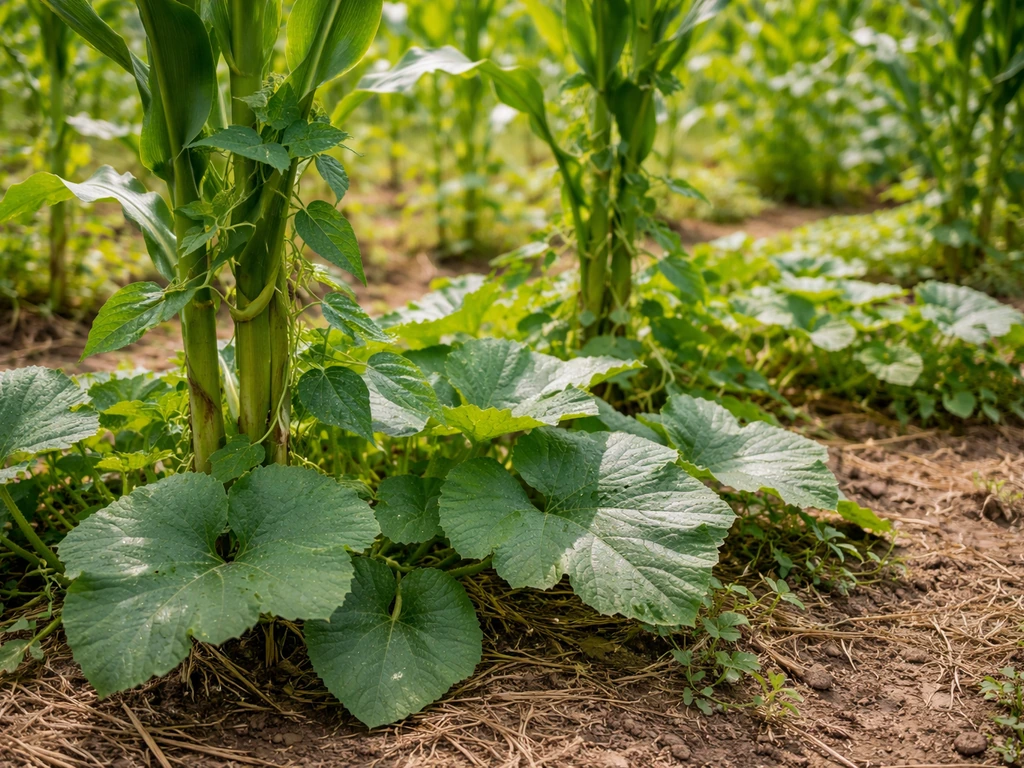 Close-up of interwoven corn, climbing beans, and squash in a traditional Diné field.