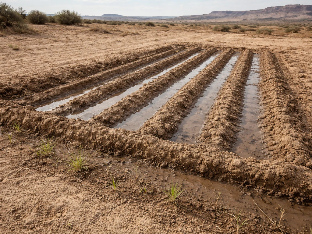Arid dryland farm plot with furrows and a runoff catchment ridge showing recent moisture in soil