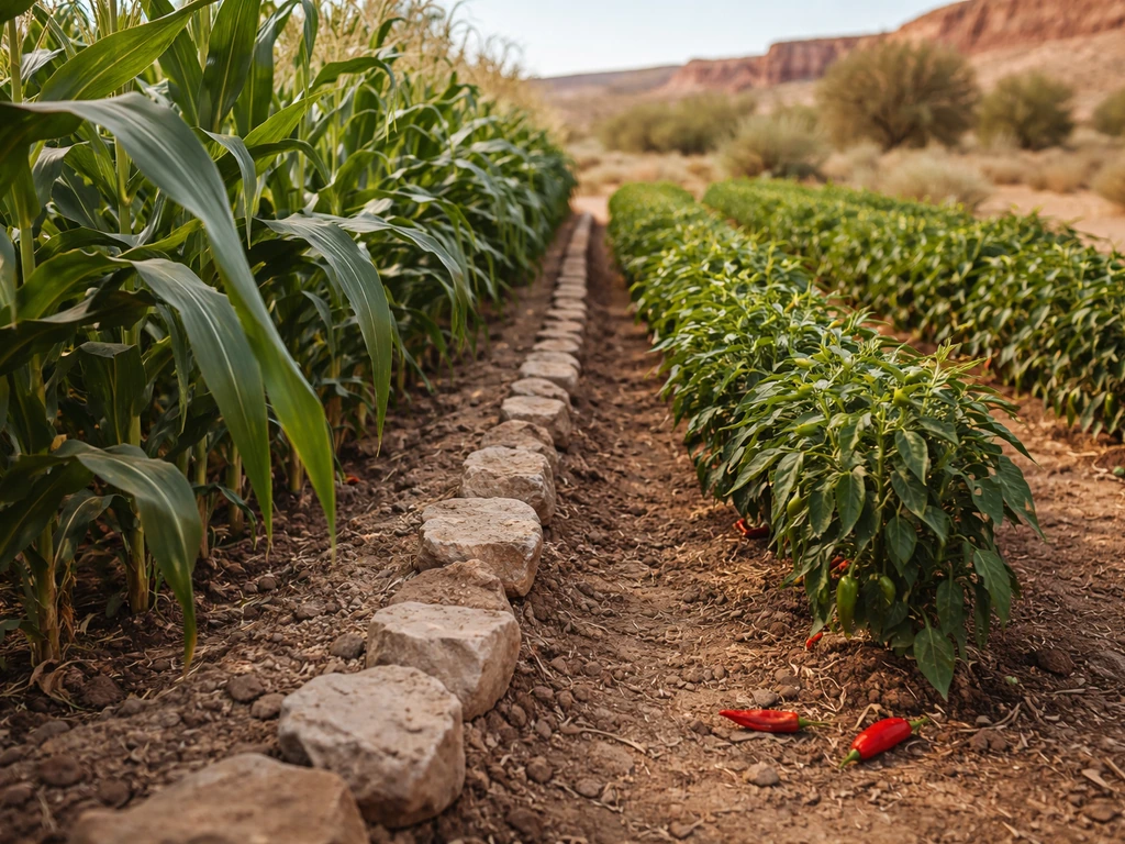 Two neighboring crop rows in a Southwest field, with distinct plants suggesting regional exchange.
