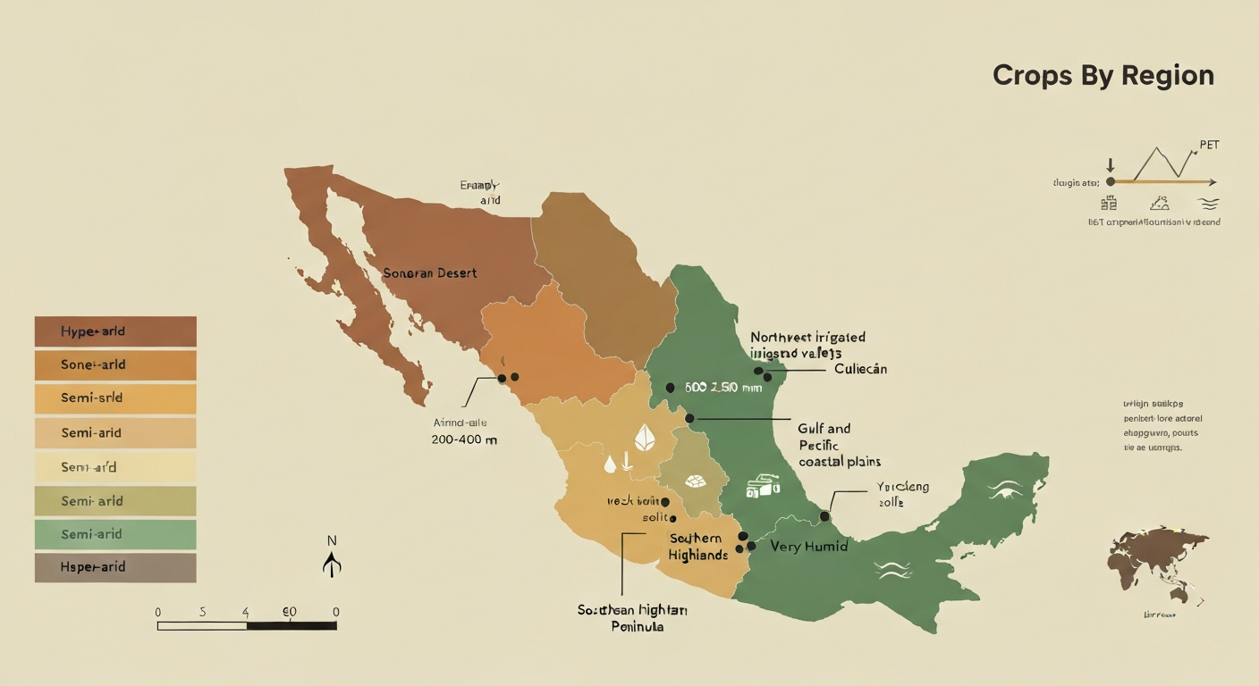 Infographic map of Mexico color-coded by aridity with labeled agricultural zones, rainfall ranges, and icons for water scarcity, salinity, thin soils, and erosion.