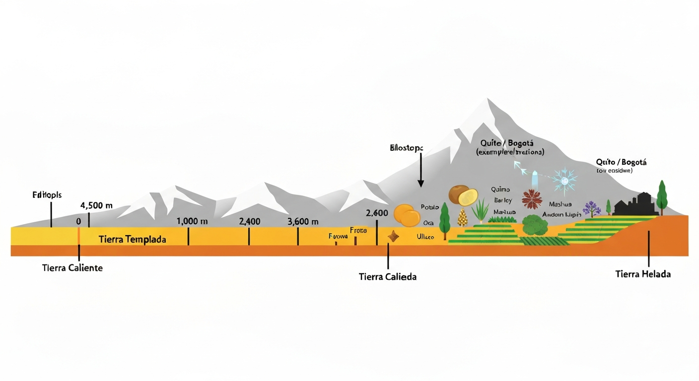 Infographic cross-section of Andes with thermal bands and key crops in the Tierra Fría (1,800–3,600 m) labeled.