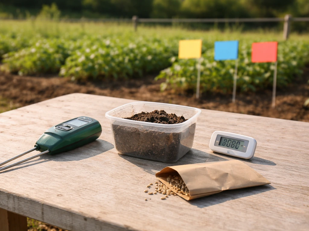 Soil and water evaluation tools on a table near green crops, showing checkpoints for crop suitability factors.