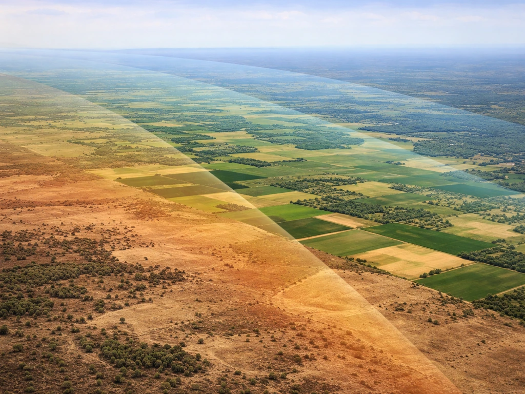 Aerial view of farmland with subtle translucent climate-zone color bands showing wetter and drier crop regions.