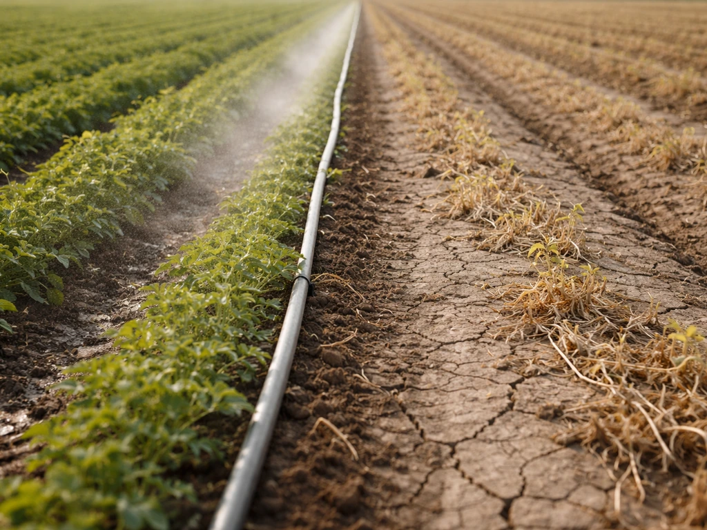 Irrigation line on one side of a farm field and a nearby dryland plot on the other.