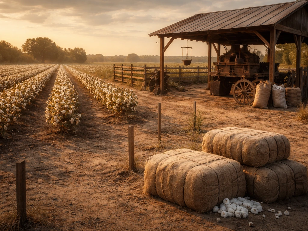 1860s cotton field rows leading to a small gin/press area with bale bundles and measuring stakes.