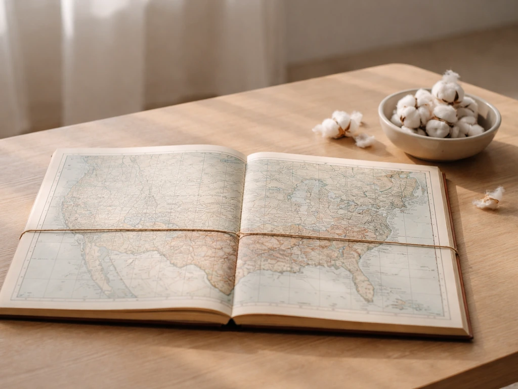Minimal photo of a coffee table with a small vintage map and a string band highlighting the American South cotton region