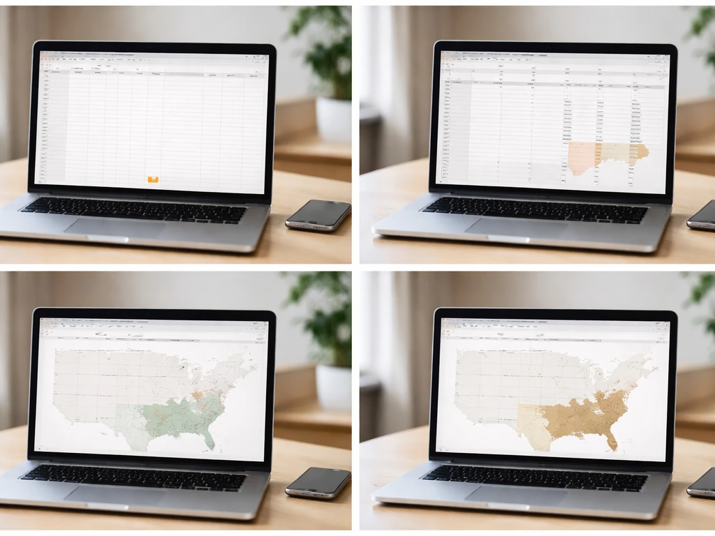 Laptop on a desk showing a four-panel workflow for mapping 1860 cotton regions.