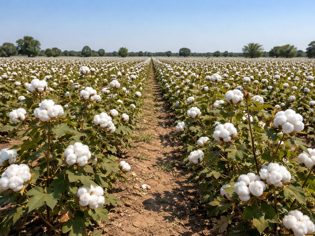 Cotton plants with visible white cotton bolls in a rural Indian field under bright daylight.