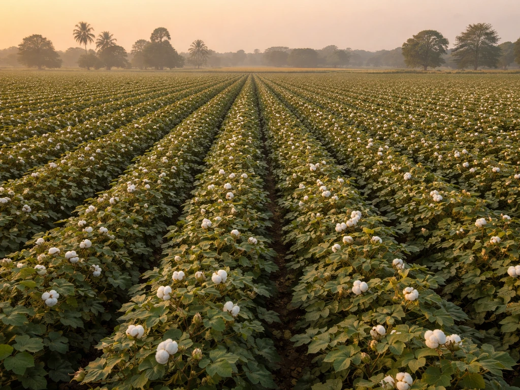 Wide view of cotton fields in India with visible row patterns stretching toward the horizon.