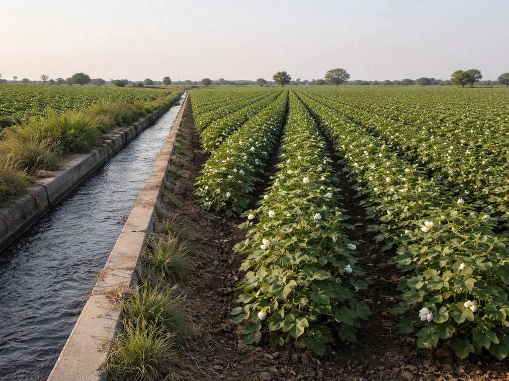 Irrigated cotton fields in northern India with rows of cotton and a nearby irrigation canal