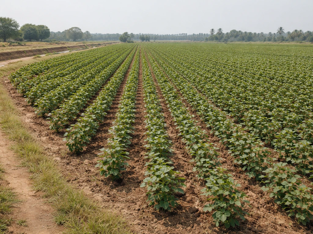 Cotton field in southern India with rows of plants and distant irrigation canals under bright sky.
