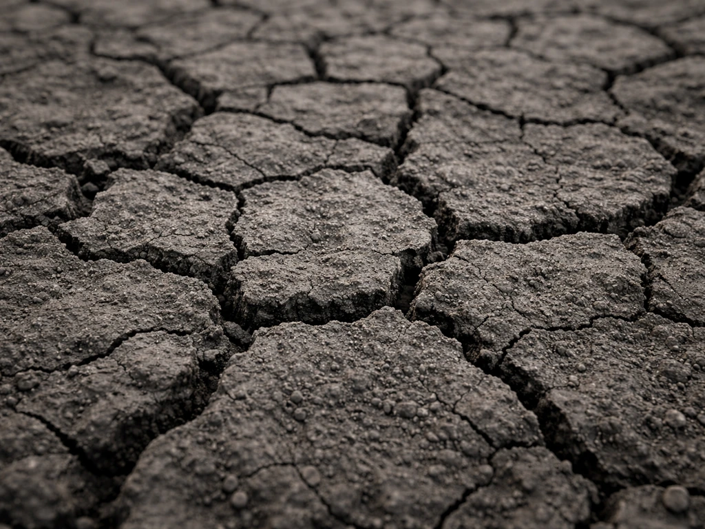 Close-up of black cotton (regur) soil showing deep dark clay texture with natural cracks
