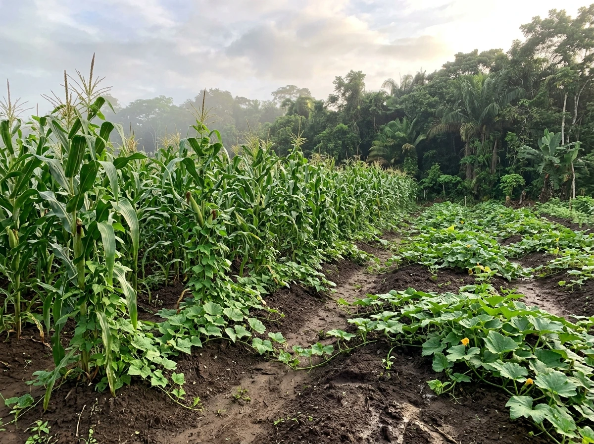 Maya milpa field with maize, beans, and squash under tropical light