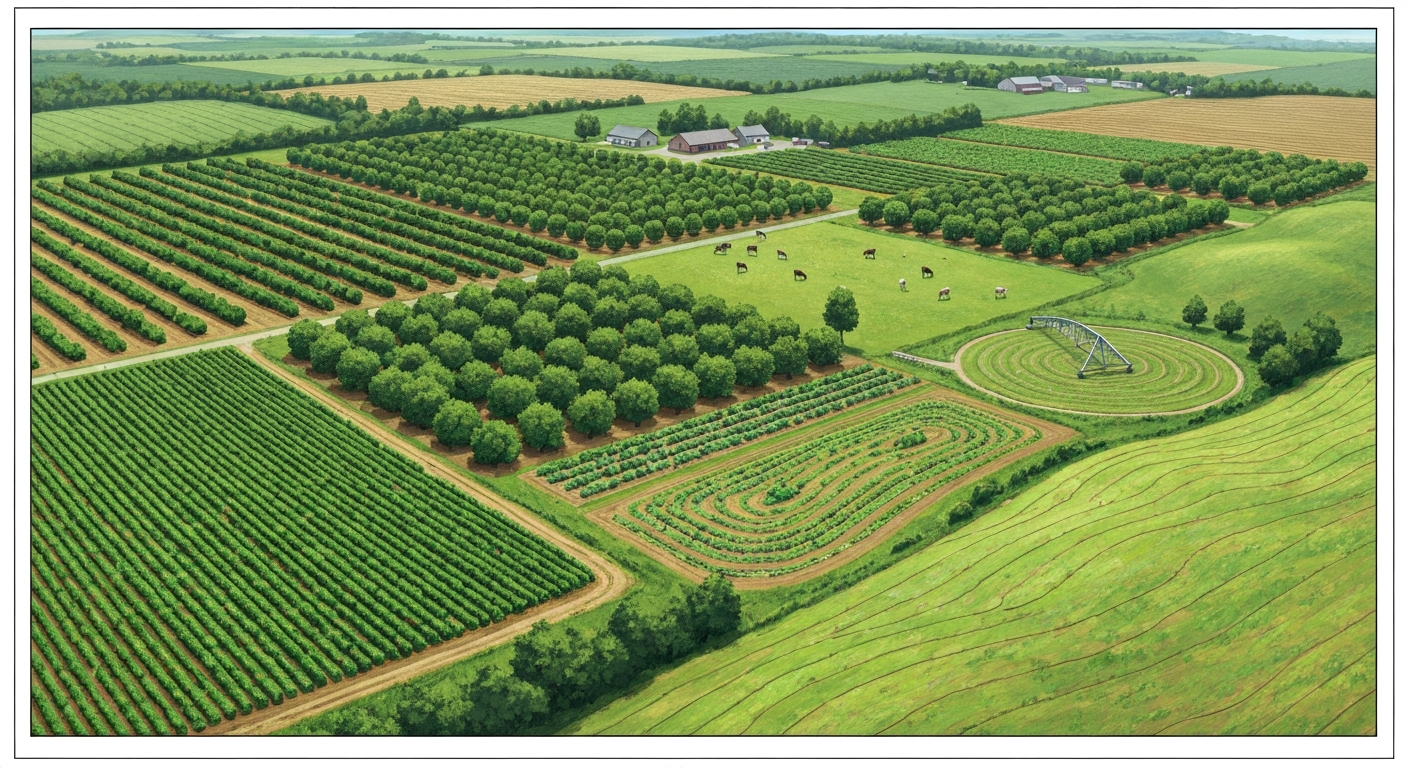 Aerial illustration of mixed agricultural land showing fields, orchards, pasture, and irrigation systems.