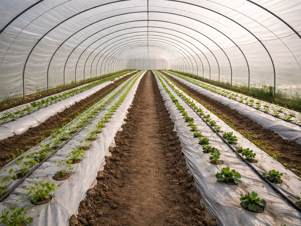 Wide view down a high-tunnel greenhouse with rows of plastic-covered beds and young crops growing.