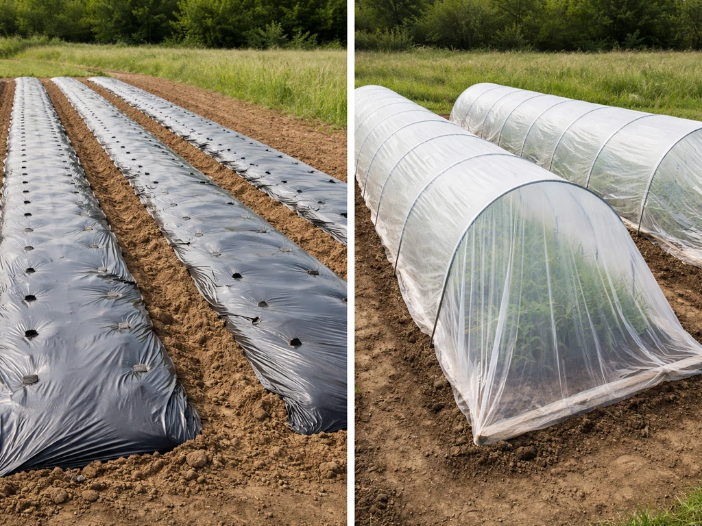 Split view of dark plastic mulch on soil versus greenhouse tunnel film arched over a raised bed.