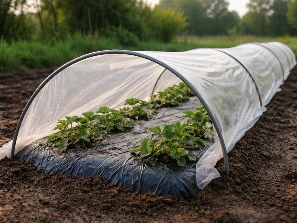 Low tunnel strawberry bed with mulched rows, metal hoops, and clear plastic covering plants.