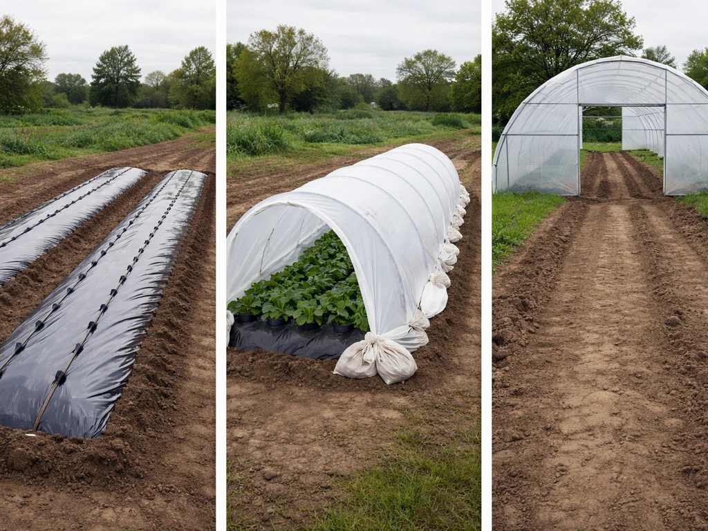 Three farm setups side by side: plastic mulch raised bed, row cover on hoops, and a high tunnel greenhouse.