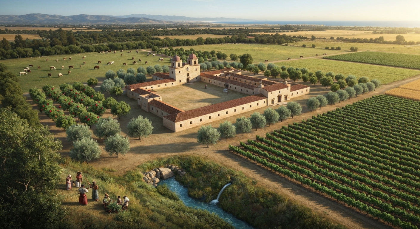 Aerial reconstruction painting of Mission Santa Inés (c.1820) showing the adobe mission, orchards, vineyards, wheat fields, acequia, grazing animals, and Chumash gatherers in the Santa Ynez Valley.