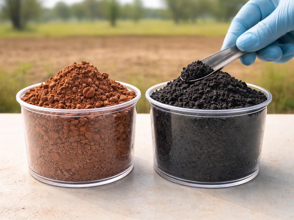 Two contrasting soil samples in containers: red coastal lateritic loam and dark black cotton soil.