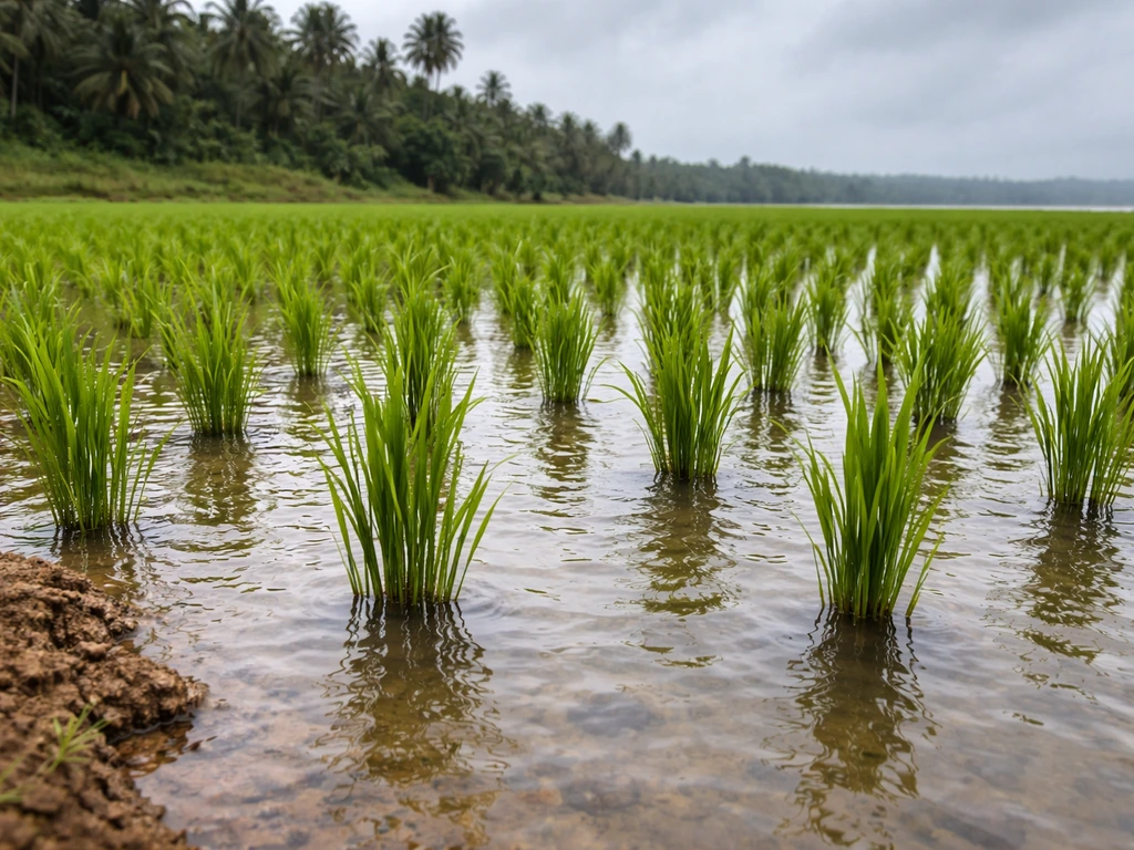 Standing paddy rice plants in shallow water on Karnataka coast during monsoon season