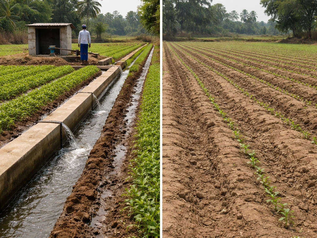 Neighboring plots showing irrigation watering one side and rainfed seedlings starting on the other.