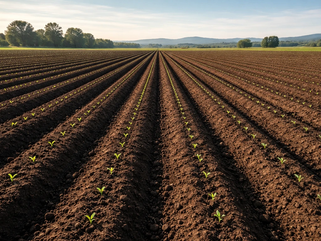Fresh crop rows in a rural field stretching toward the horizon under morning light.