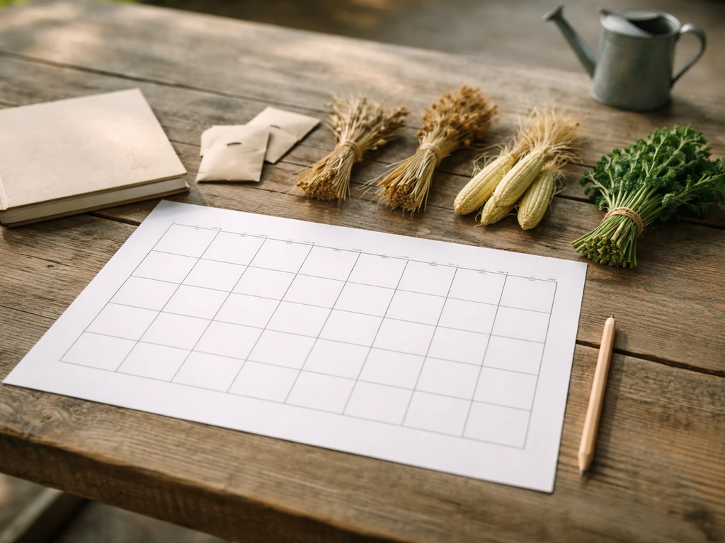 Wooden table with a blank calendar grid and seed packets arranged with wheat and greens to suggest crop timing.