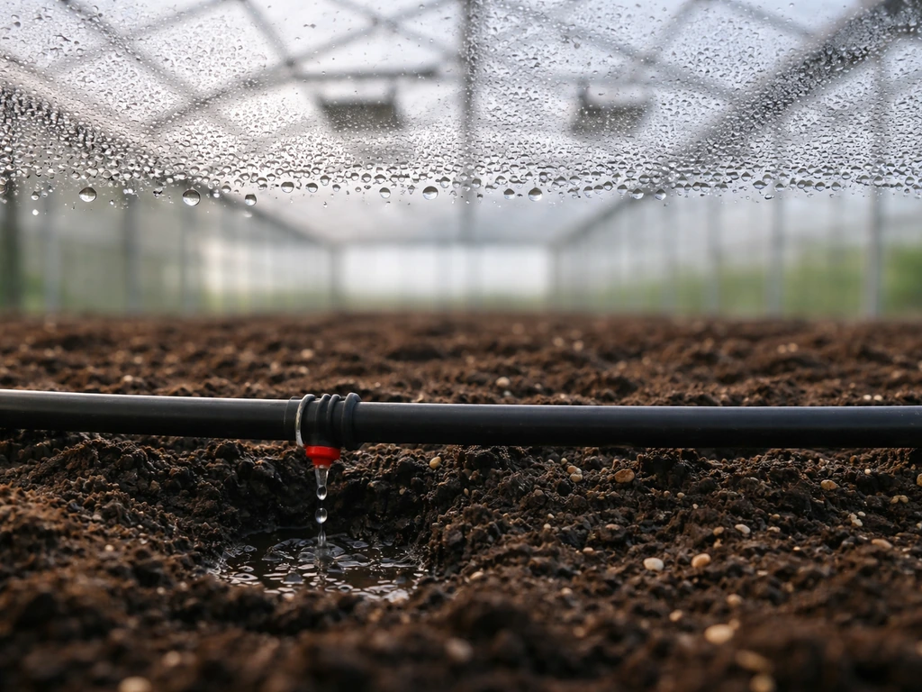Greenhouse glass with light condensation above damp soil and a drip line, showing moisture and humidity control