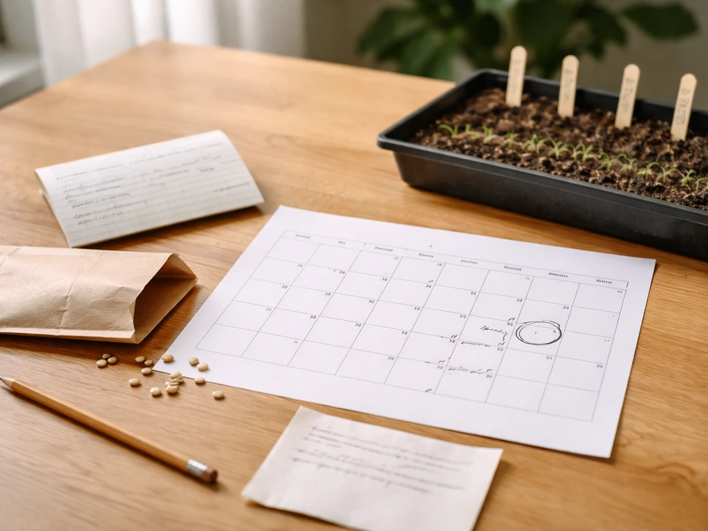 Tabletop view of a calendar with backwards counting marks beside a simple sowing plan for one crop.